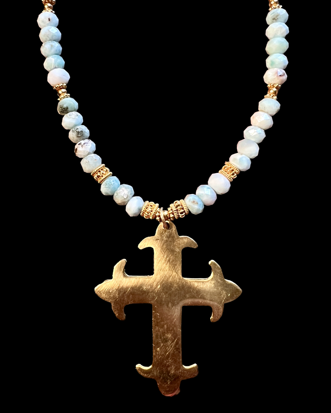 brass fleur de lis cross w/larimar