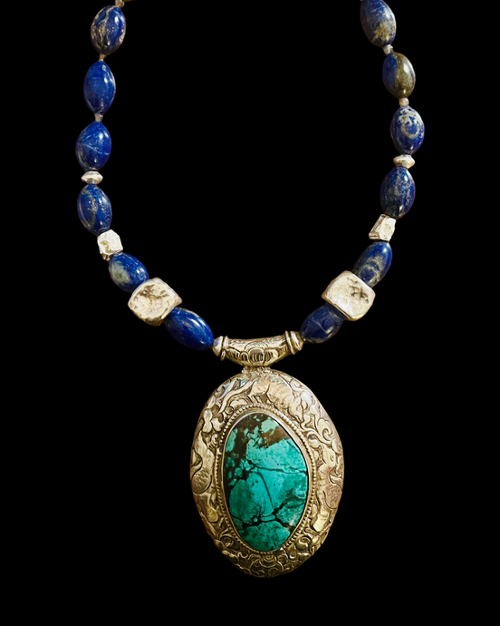 rare tibetan vintage turquoise pendant w/lapis lazuli