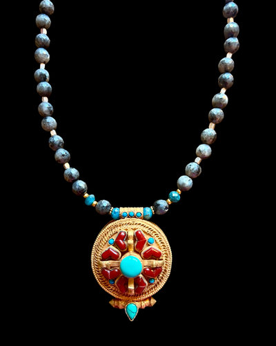 gilded gau w/turquoise & red coral, apatite & larkivite